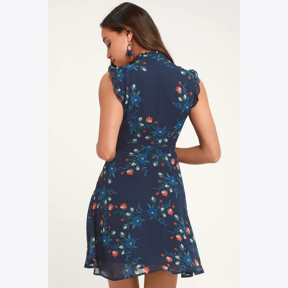 Lulus Blue Floral Button Front Ruffle Dress - Picture 3 of 7